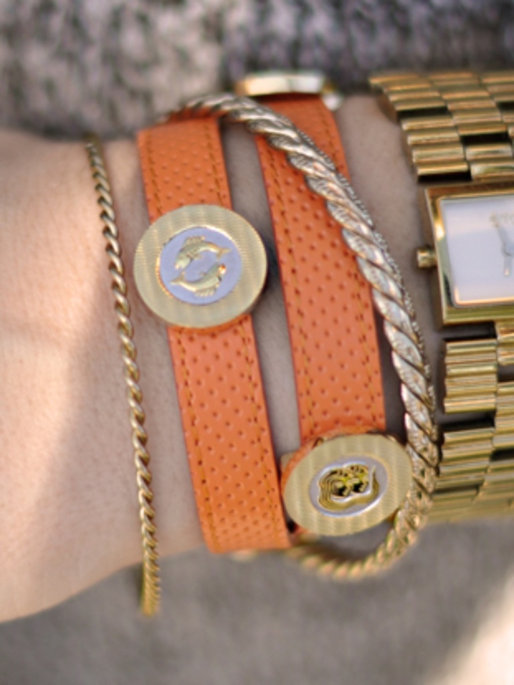 SEAH double-wrap leather Zodiac bracelet orange choker astrology elements gemini